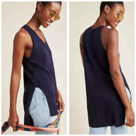 Anthropologie Navy Desmond Sleeveless Knit Tunic Top Sweater Vest High Low XS - Picture 2 of 7